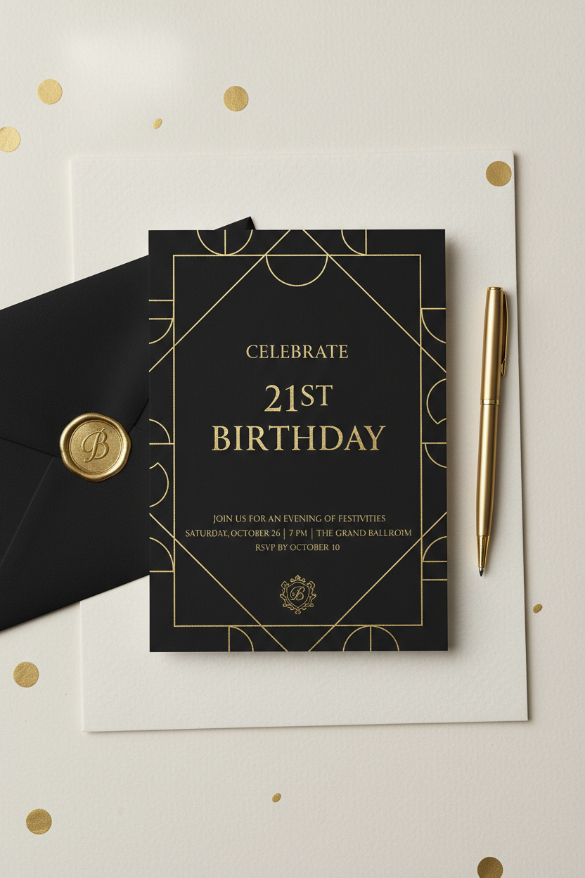 Luxury black and gold digital birthday invitation with geometric patterns