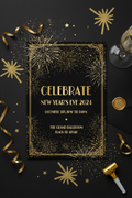 Glamorous black and gold New Years Eve party invitation with confetti and fireworks