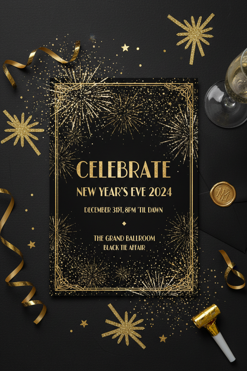 Glamorous black and gold New Years Eve party invitation with confetti and fireworks
