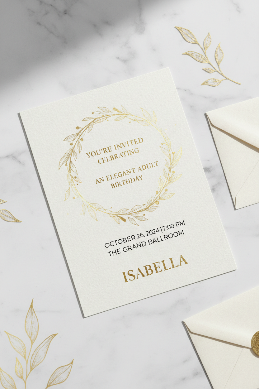 Elegant adult birthday invitation card with gold foil and botanical design