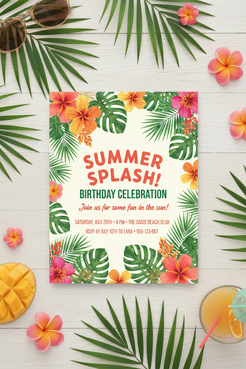 Vibrant tropical digital birthday invitation with palm leaves and exotic flowers