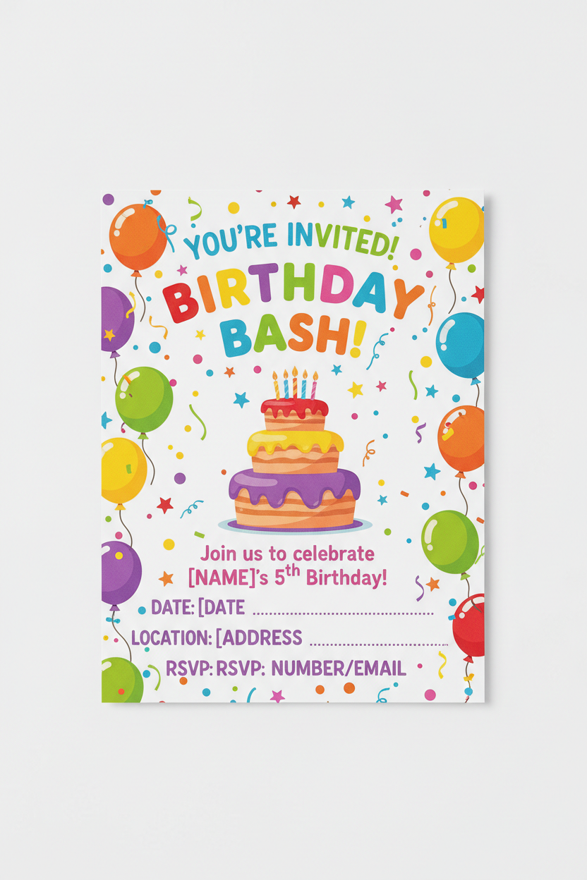 Colorful kids birthday party invitation card mockup