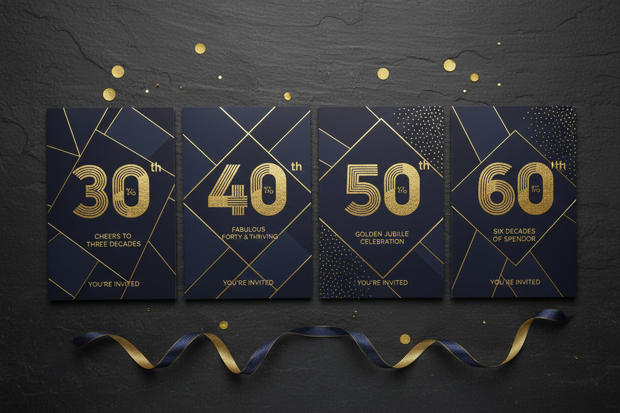 Milestone birthday invitation bundle showing 30th 40th 50th and 60th card designs