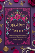 Glamorous quinceañera digital invitation in magenta and purple with floral crown and butterfly elements