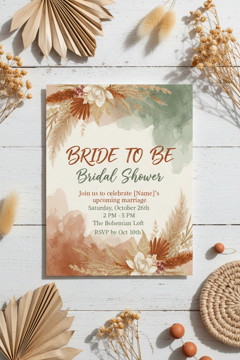 Boho chic digital bridal shower invitation with pampas grass and dried flowers in terracotta and sage green