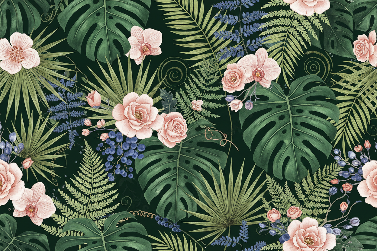 Lush dark botanical wallpaper with tropical leaves and blush florals on forest green background