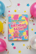 Bold and colorful digital birthday invitation with confetti and balloons