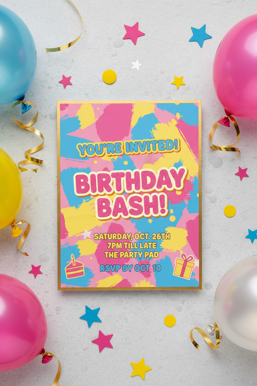 Bold and colorful digital birthday invitation with confetti and balloons