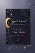 Celestial galaxy digital birthday invitation with gold stars and moon on deep navy background