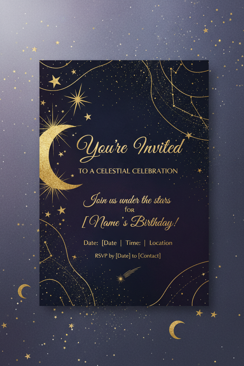 Celestial galaxy digital birthday invitation with gold stars and moon on deep navy background