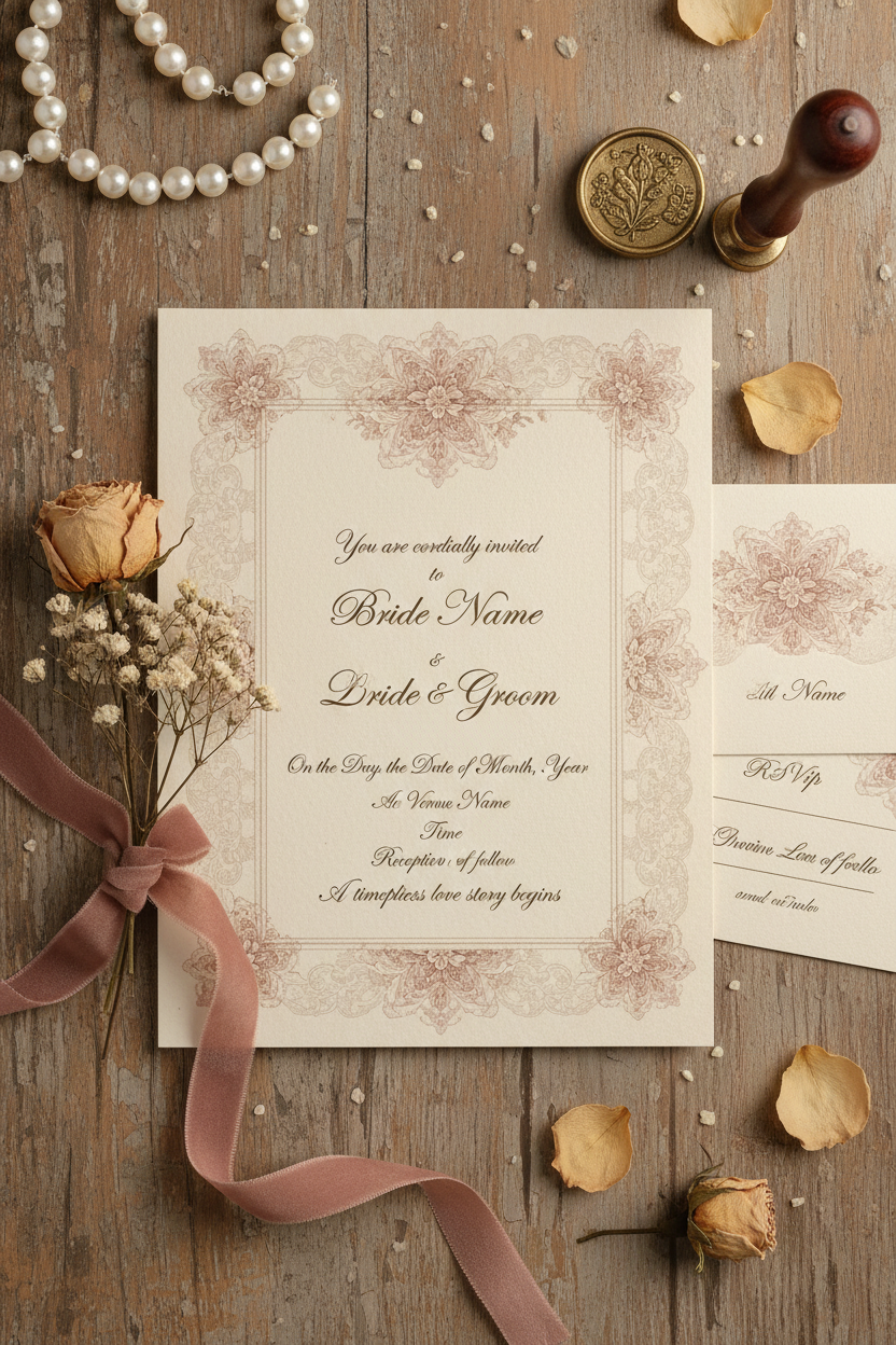 Romantic vintage digital wedding invitation with lace border and calligraphy in antique cream and dusty rose